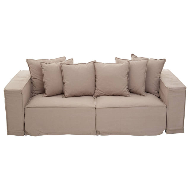 Three-seat grey sofa with a modern design, featuring plush cushions and a clean, minimalist silhouette. The sofa has wide armrests and is upholstered in a soft fabric, complemented by several decorative pillows arranged on the back
