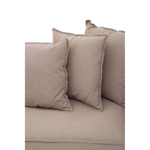 Three-seat grey sofa featuring soft, plush cushions and two decorative throw pillows in a matching light grey hue. The sofa has a modern design with clean lines and a comfortable seating area, ideal for a cozy living space