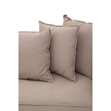 Three-seat grey sofa featuring soft, plush cushions and two decorative throw pillows in a matching light grey hue. The sofa has a modern design with clean lines and a comfortable seating area, ideal for a cozy living space