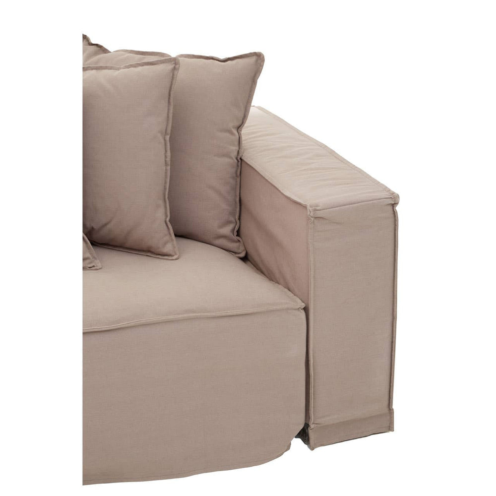 Grey sofa with three seats, featuring a modern design and plush cushions. The corner of the sofa is visible, showcasing a clean, straight armrest and soft fabric upholstery