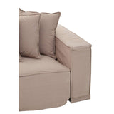 Grey sofa with three seats, featuring a modern design and plush cushions. The corner of the sofa is visible, showcasing a clean, straight armrest and soft fabric upholstery