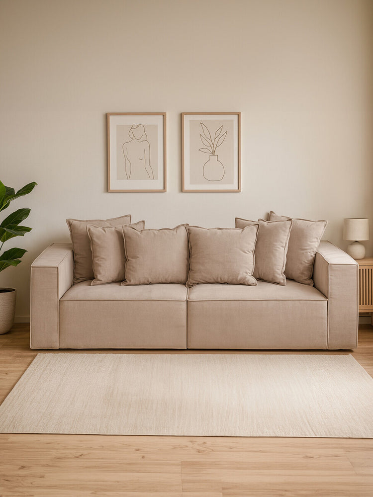 Three-seat grey sofa with plush cushions, positioned against a light-colored wall. Two framed artworks hang above the sofa, and a small side table with a lamp is visible to the right. A green plant is placed beside the sofa, and a light area rug covers the wooden floor