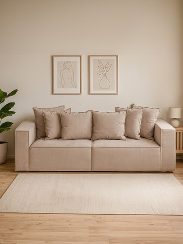 Three-seat grey sofa with plush cushions, positioned against a light-colored wall. Two framed artworks hang above the sofa, and a small side table with a lamp is visible to the right. A green plant is placed beside the sofa, and a light area rug covers the wooden floor