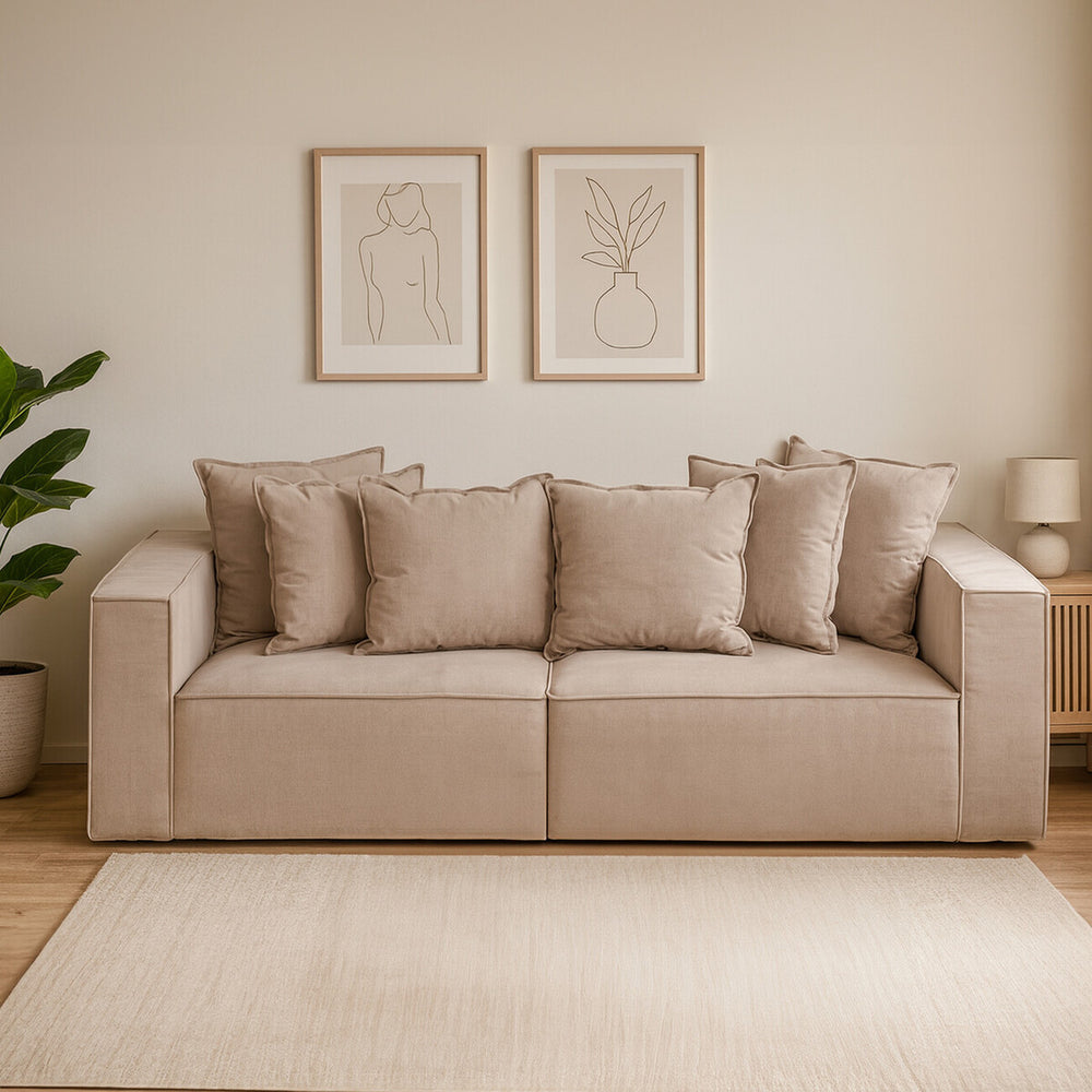 Three-seat grey sofa with plush cushions, set against a light-colored wall. Two framed artworks hang above the sofa, and a potted plant is visible on the left. A light-colored rug is placed underneath, complementing the overall neutral color scheme of the room