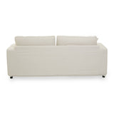Cream fabric three-seat sofa with a minimalist design, featuring two back cushions and sleek, straight lines. The sofa rests on four small black legs, providing a modern touch to the overall look