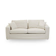 Cream fabric sofa with three seats, featuring two plush back cushions and two smaller decorative cushions, designed with a modern, minimalist aesthetic. The sofa has a clean, straight silhouette and a sturdy base, suitable for various interior styles