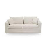 Cream fabric sofa with three seats, featuring two plush back cushions and two smaller decorative cushions, designed with a modern, minimalist aesthetic. The sofa has a clean, straight silhouette and a sturdy base, suitable for various interior styles