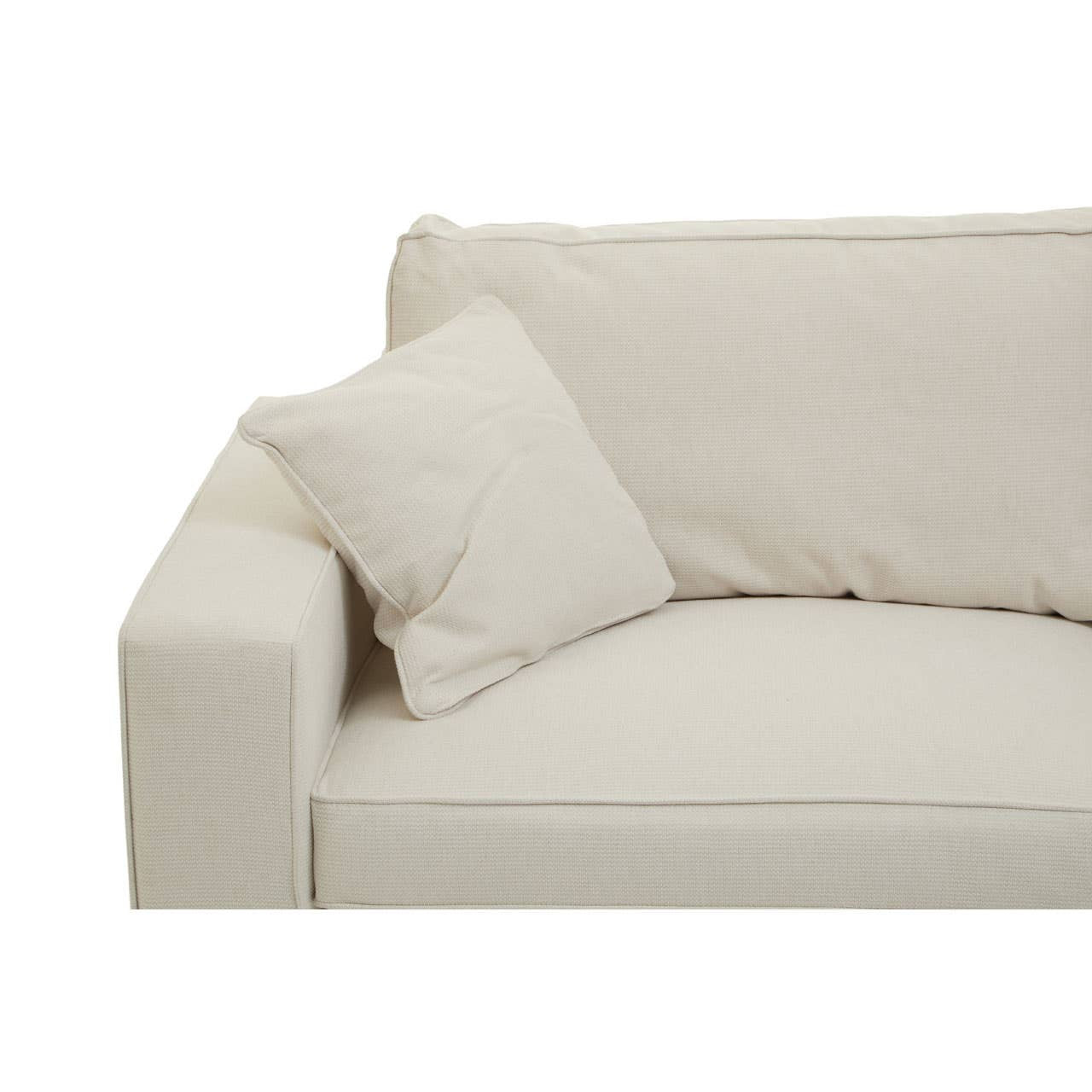 Cream fabric sofa with a modern design featuring a wide armrest and a plush seat cushion. A decorative pillow is placed on the sofa, enhancing its comfort and style. The overall look is minimalist and inviting, suitable for various interior decor styles