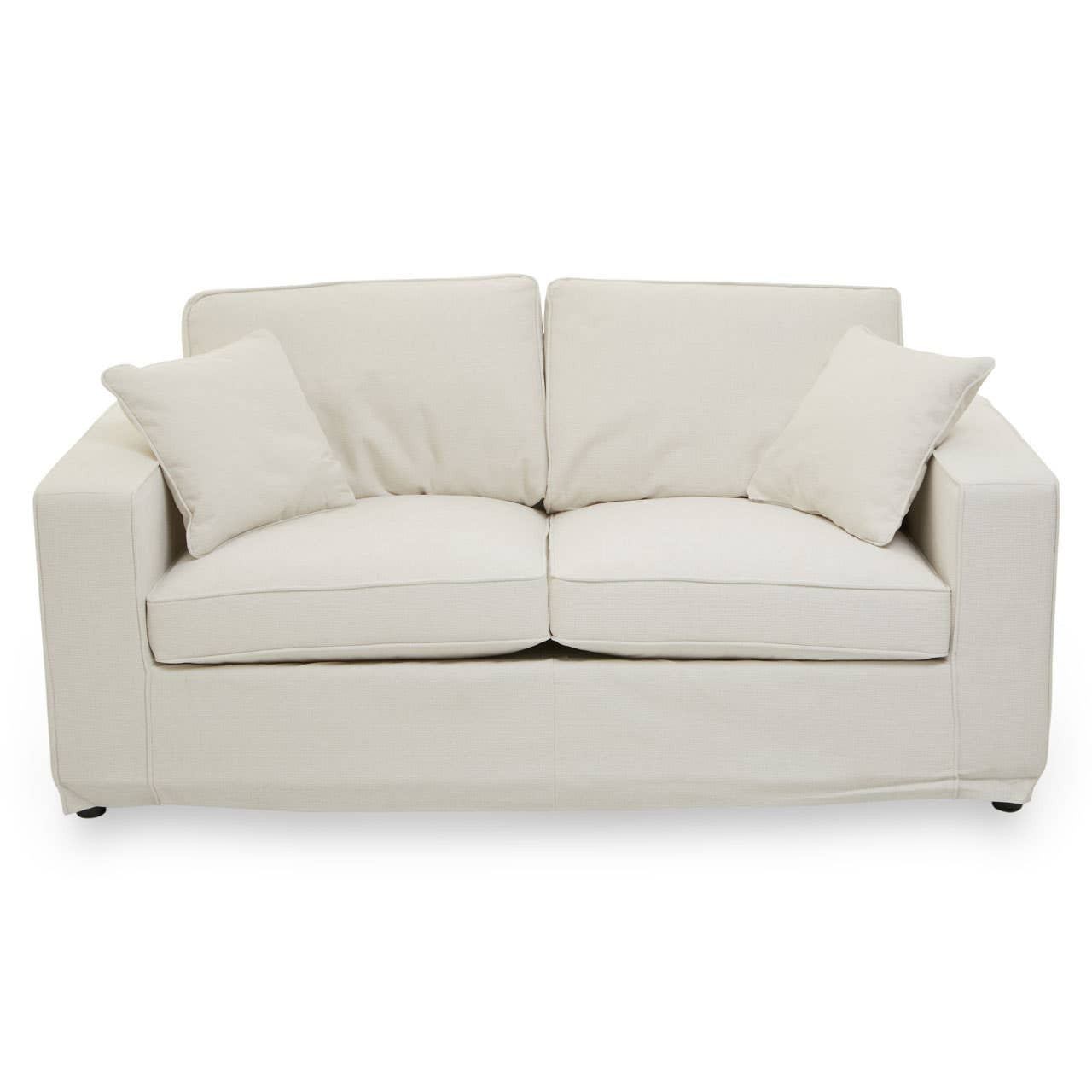 Cream fabric two-seat sofa with a modern design, featuring two plush back cushions and two matching throw pillows, resting on sleek metal legs. The sofa has a clean, minimalist silhouette suitable for various interior styles