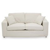 Cream fabric two-seat sofa with a modern design, featuring two plush back cushions and two matching throw pillows, resting on sleek metal legs. The sofa has a clean, minimalist silhouette suitable for various interior styles