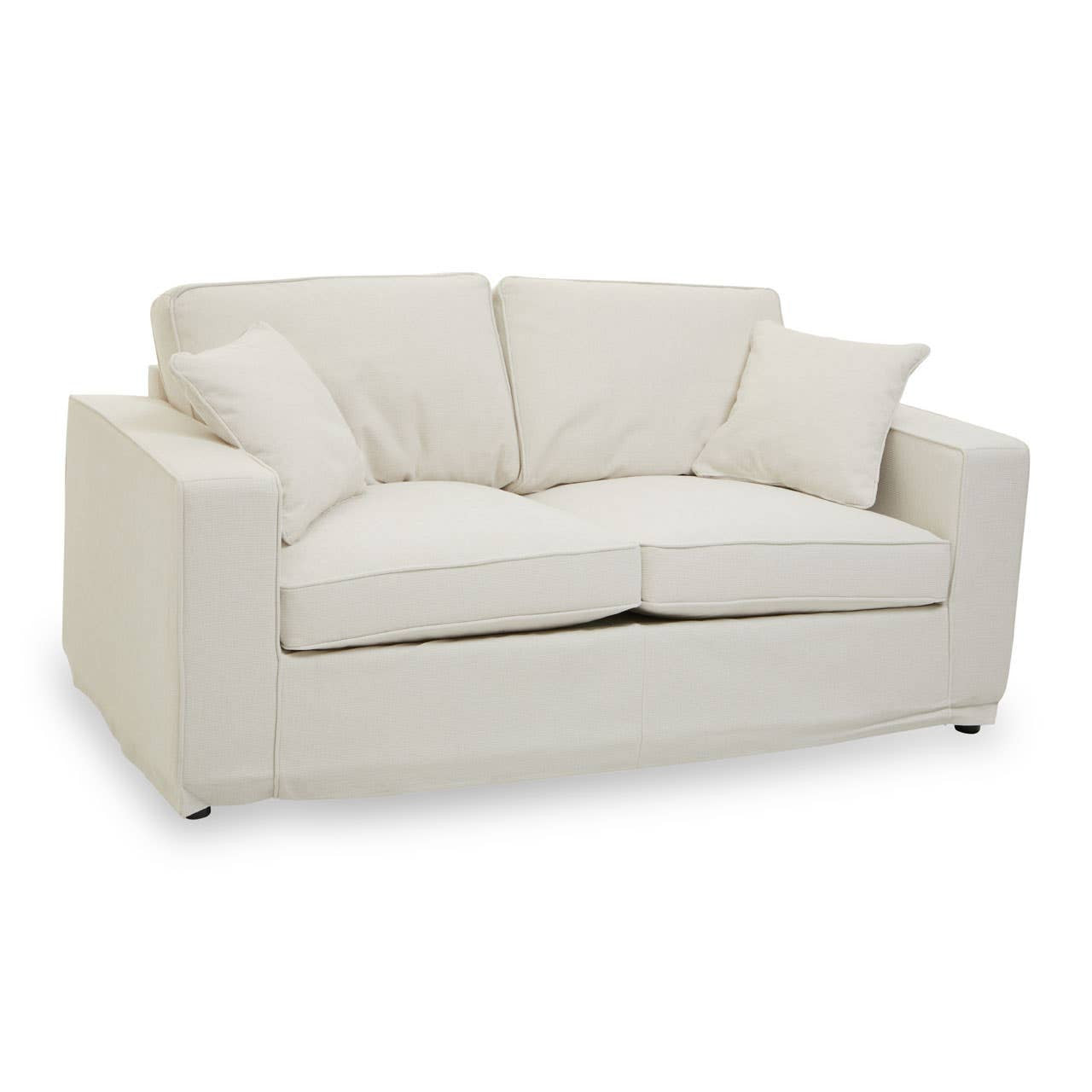 Cream fabric two-seat sofa with plush cushions and a modern design, featuring rounded arms and short, sleek legs. The sofa is styled for comfort and elegance, suitable for various interior decor