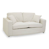 Cream fabric two-seat sofa with plush cushions and a modern design, featuring rounded arms and short, sleek legs. The sofa is styled for comfort and elegance, suitable for various interior decor
