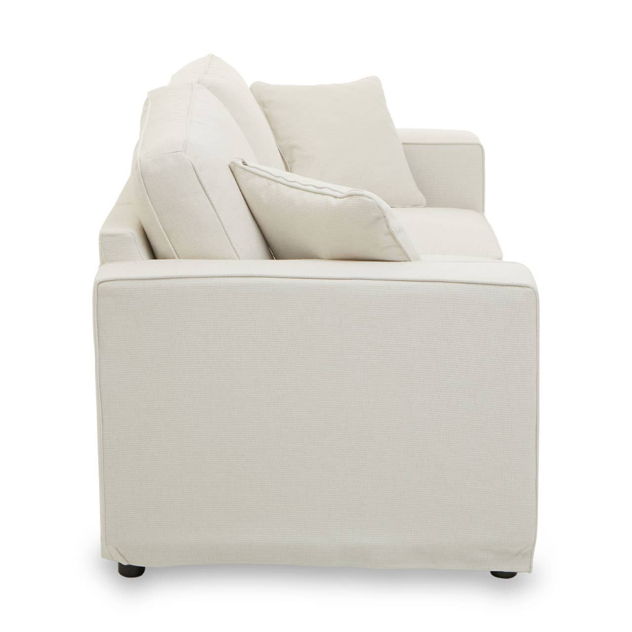 Cream fabric two-seat sofa with a minimalist design, featuring plush back cushions and square armrests. The sofa is supported by short, dark legs, and the overall look is modern and inviting