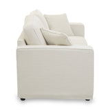 Cream fabric two-seat sofa with a minimalist design, featuring plush back cushions and square armrests. The sofa is supported by short, dark legs, and the overall look is modern and inviting