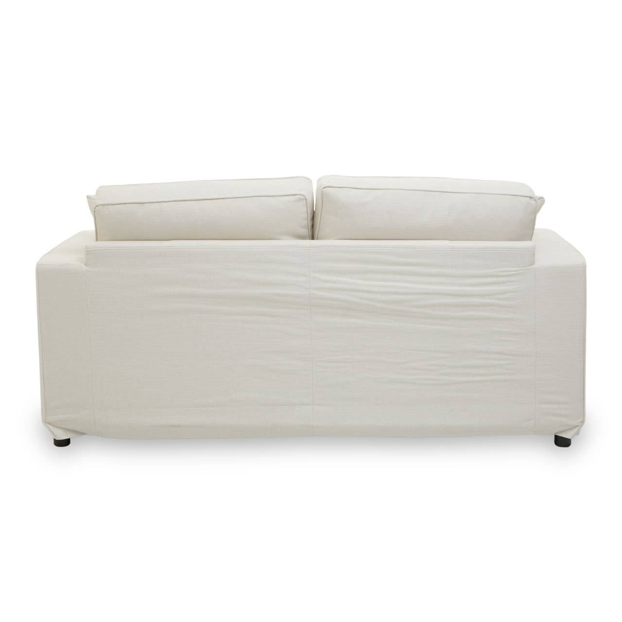 Cream fabric two-seat sofa with a minimalist design, featuring two plush back cushions and a smooth, streamlined body. The sofa rests on small, rounded legs, enhancing its modern aesthetic