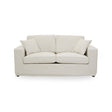 Cream fabric two-seat sofa with a modern design, featuring two plush back cushions and two matching throw pillows, resting on short wooden legs