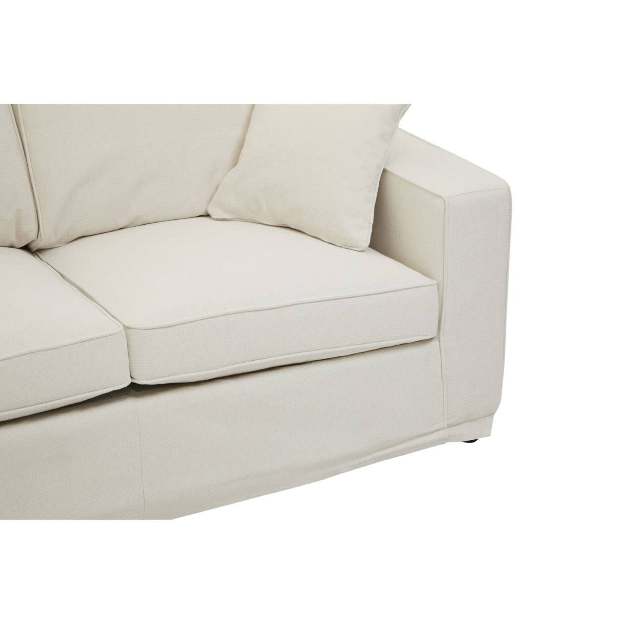 Cream fabric two-seat sofa with a modern design, featuring plush cushions and a low-profile backrest. The sofa has clean lines and a sturdy base, complemented by subtle stitching details