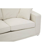Cream fabric two-seat sofa with a modern design, featuring plush cushions and a low-profile backrest. The sofa has clean lines and a sturdy base, complemented by subtle stitching details