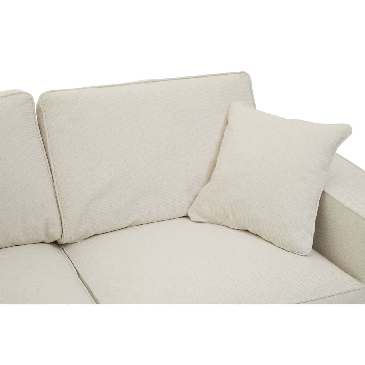 Cream fabric sofa with two seats, featuring soft cushions and a matching decorative pillow. The upholstery has a smooth texture, and the overall design is modern and minimalist