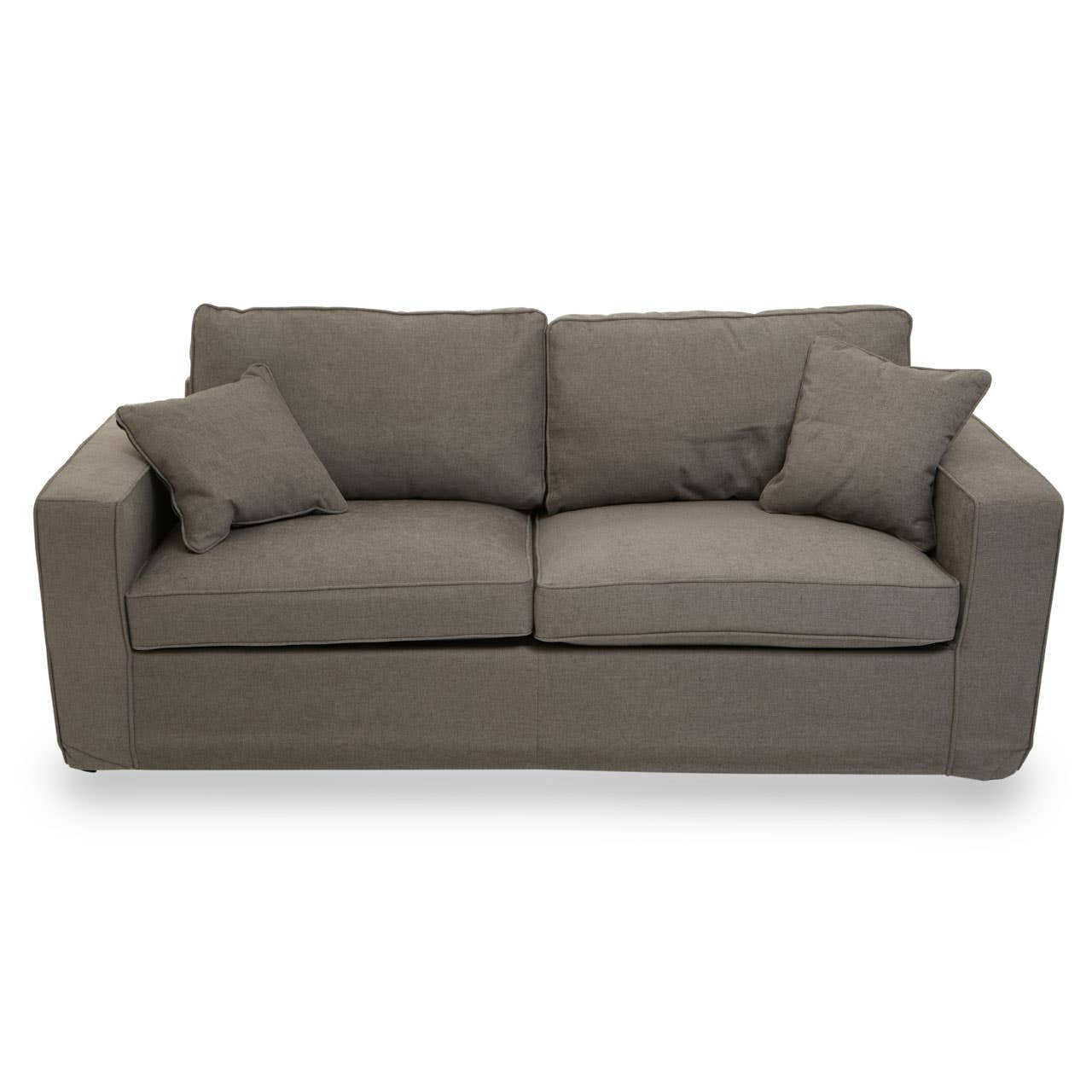 Three-seat sofa upholstered in grey fabric, featuring two large back cushions and two smaller accent pillows, with a modern, boxy design and sturdy armrests