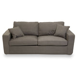 Three-seat sofa upholstered in grey fabric, featuring two large back cushions and two smaller accent pillows, with a modern, boxy design and sturdy armrests