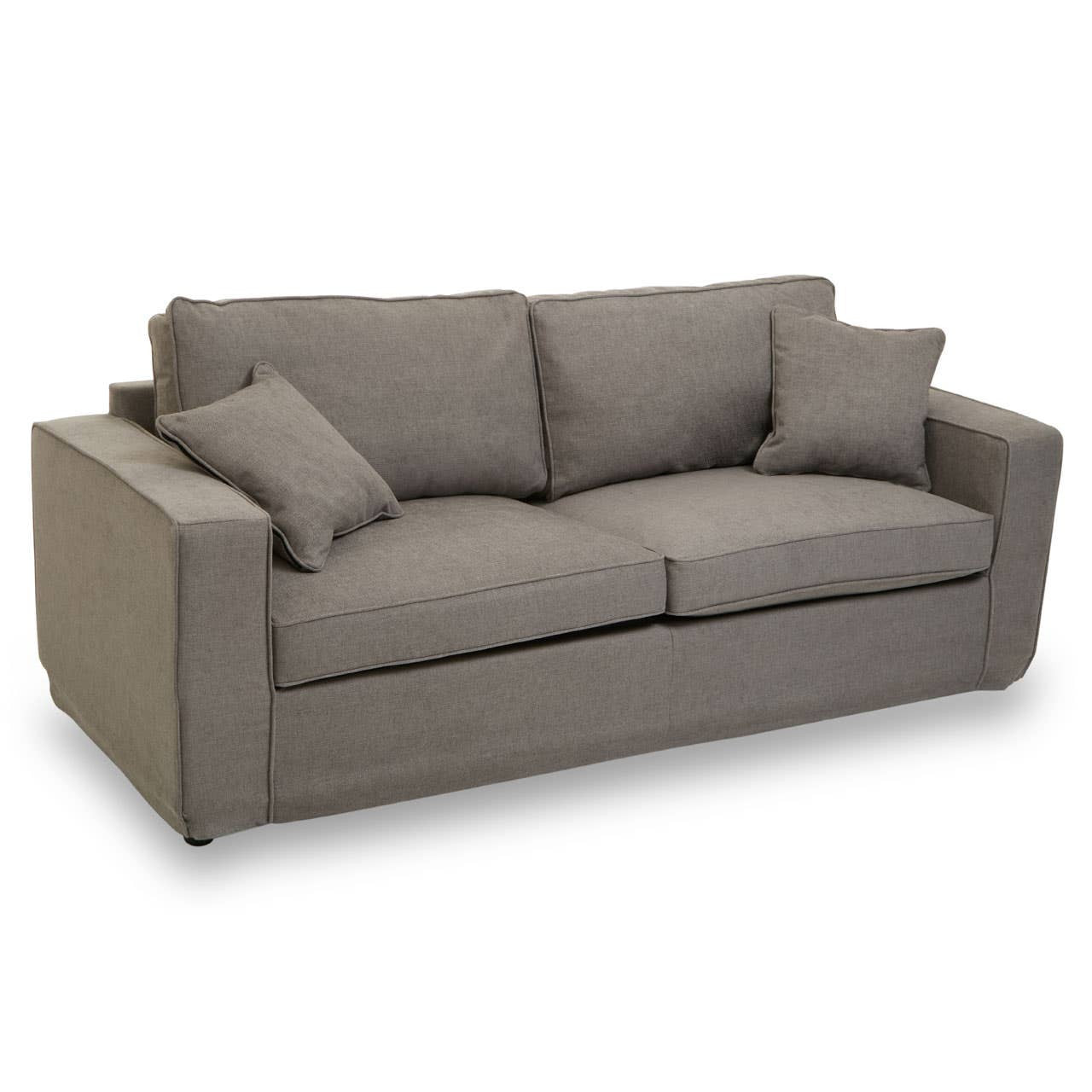 Three-seat sofa upholstered in grey fabric, featuring two large back cushions and two smaller accent pillows. The sofa has a modern, boxy design with clean lines and sturdy armrests