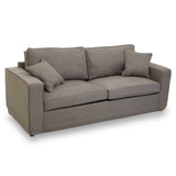 Three-seat sofa upholstered in grey fabric, featuring two large back cushions and two smaller accent pillows. The sofa has a modern, boxy design with clean lines and sturdy armrests