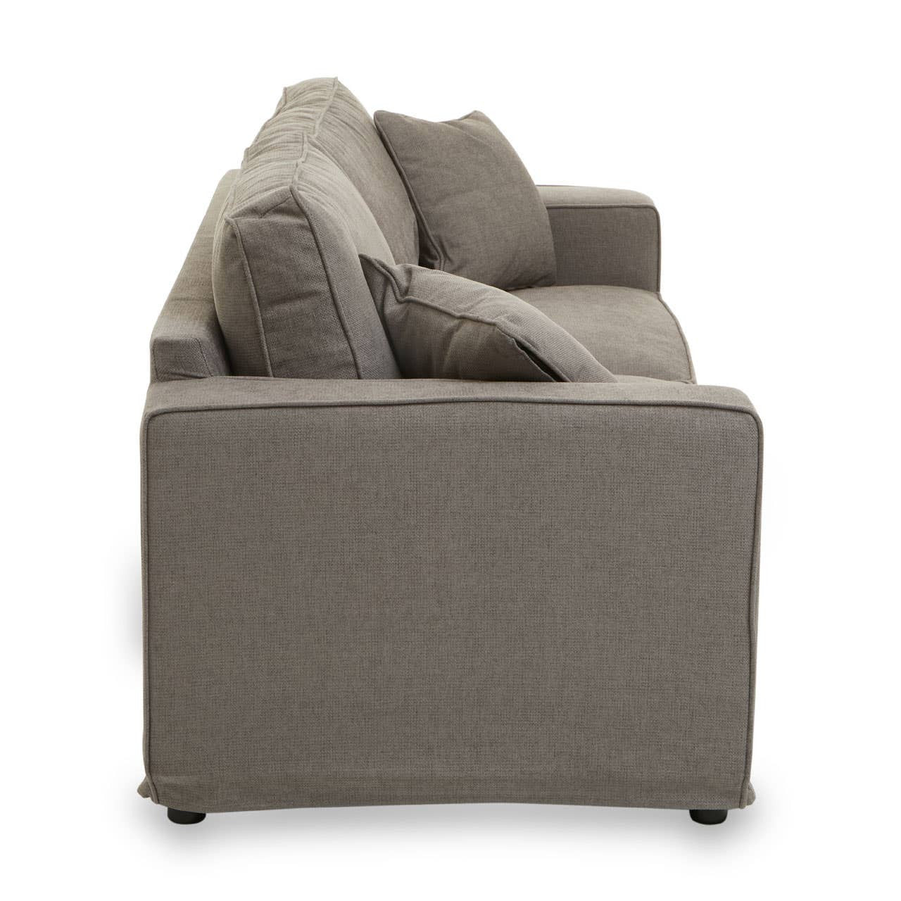 Three-seat sofa upholstered in grey fabric, featuring plush back and seat cushions, with a clean, modern design. The side view showcases the sofa's straight lines and sturdy base, highlighting its contemporary aesthetic