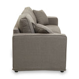 Three-seat sofa upholstered in grey fabric, featuring plush back and seat cushions, with a clean, modern design. The side view showcases the sofa's straight lines and sturdy base, highlighting its contemporary aesthetic
