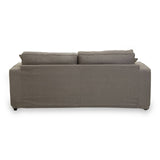 Three-seat sofa upholstered in grey fabric, featuring a minimalist design with a straight back and two plush cushions on the backrest. The sofa has a solid base and is supported by four short legs