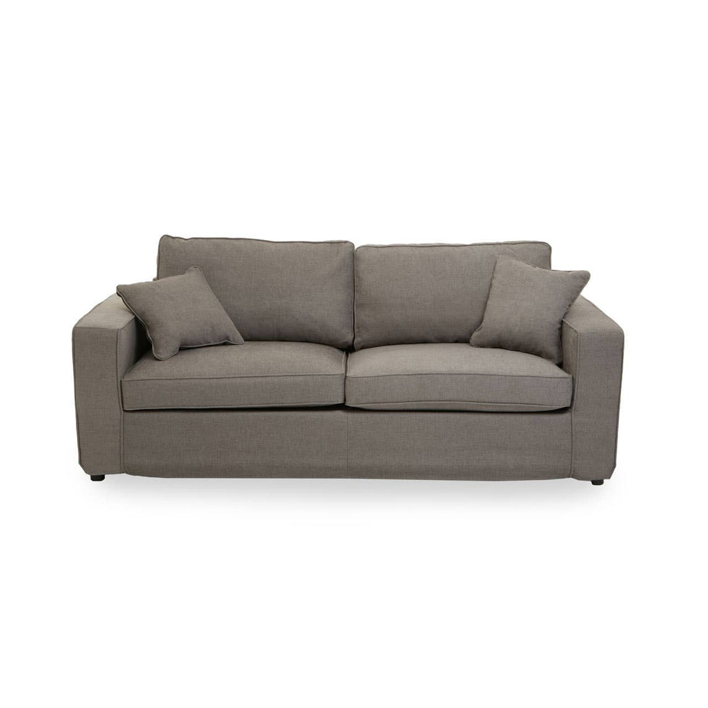 Three-seat sofa upholstered in soft grey fabric, featuring two plush back cushions and two smaller accent pillows. The sofa has a modern, minimalist design with clean lines and a sturdy base