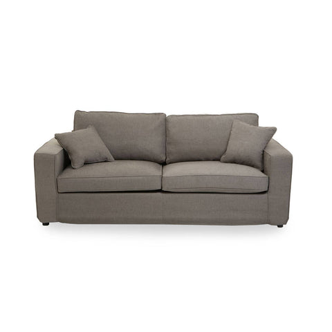 Three-seat sofa upholstered in soft grey fabric, featuring two plush back cushions and two smaller accent pillows. The sofa has a modern, minimalist design with clean lines and a sturdy base