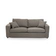 Three-seat sofa upholstered in soft grey fabric, featuring two plush back cushions and two smaller accent pillows. The sofa has a modern, minimalist design with clean lines and a sturdy base