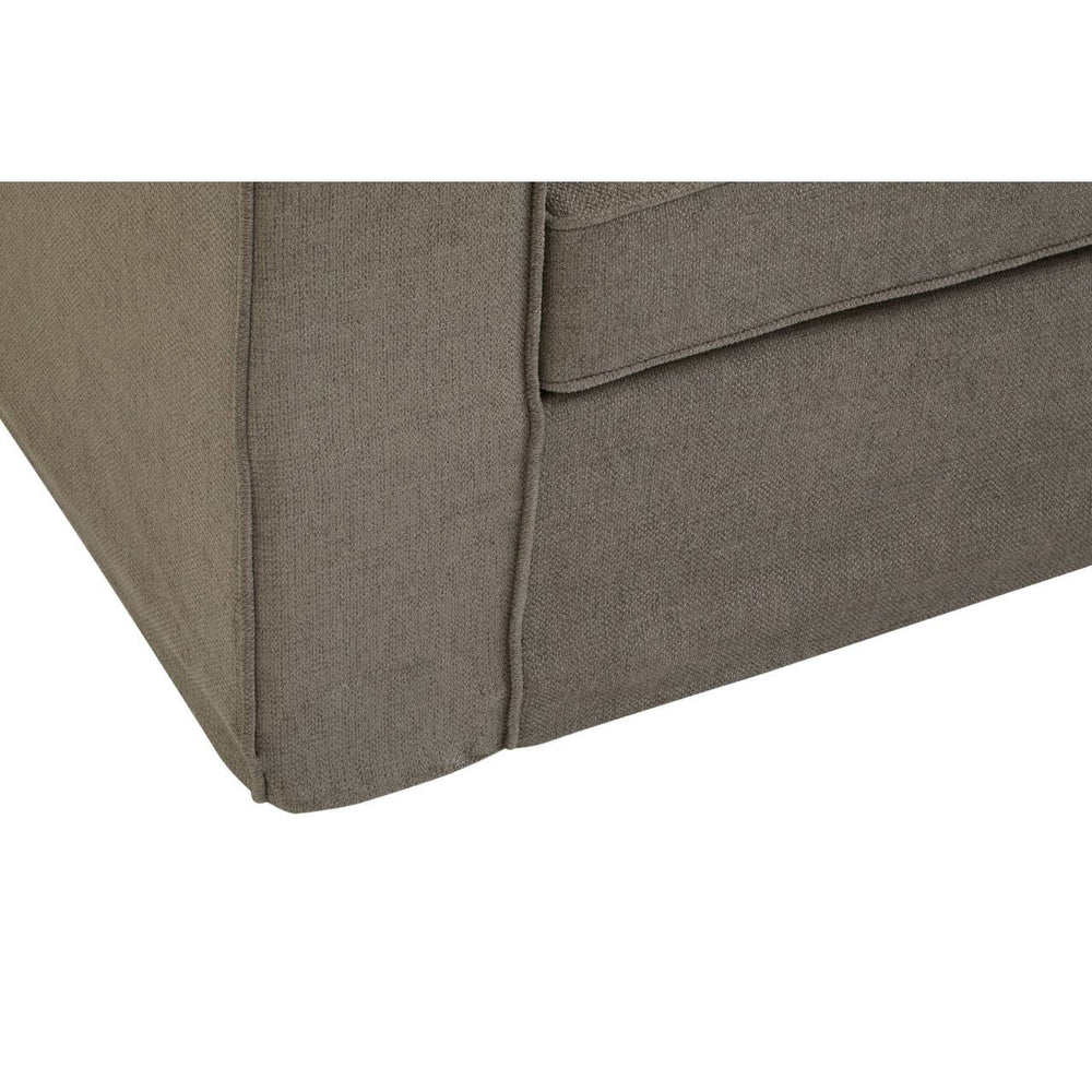 Close-up view of the corner of a grey fabric sofa, showcasing the textured upholstery and clean lines of the design. The fabric appears soft and durable, with a subtle sheen, and the stitching is neatly finished along the edges