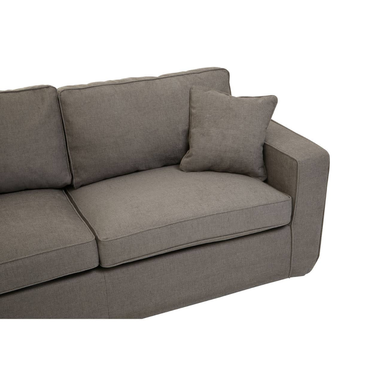 Three-seat sofa upholstered in soft grey fabric, featuring a modern design with clean lines. The sofa includes plush back cushions and a matching decorative pillow, providing comfort and style. The armrest is slightly rounded, enhancing the contemporary look