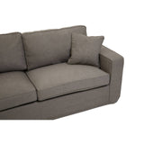 Three-seat sofa upholstered in soft grey fabric, featuring a modern design with clean lines. The sofa includes plush back cushions and a matching decorative pillow, providing comfort and style. The armrest is slightly rounded, enhancing the contemporary look
