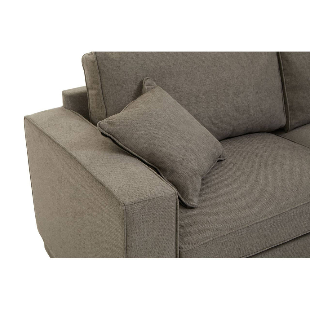 Grey fabric sofa with a modern design featuring a plush seat and a matching decorative pillow on the armrest. The sofa has clean lines and a sturdy frame, suitable for contemporary living spaces