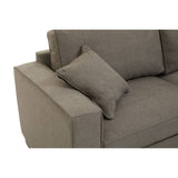 Grey fabric sofa with a modern design featuring a plush seat and a matching decorative pillow on the armrest. The sofa has clean lines and a sturdy frame, suitable for contemporary living spaces