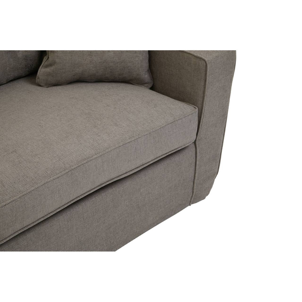 Grey fabric sofa with a modern design, featuring a low-profile back and thick seat cushions. The sofa has clean lines and a minimalist aesthetic, complemented by two matching throw pillows. The fabric texture appears soft and inviting, suitable for a contemporary living space