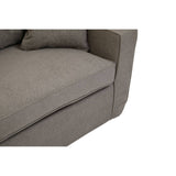 Grey fabric sofa with a modern design, featuring a low-profile back and thick seat cushions. The sofa has clean lines and a minimalist aesthetic, complemented by two matching throw pillows. The fabric texture appears soft and inviting, suitable for a contemporary living space