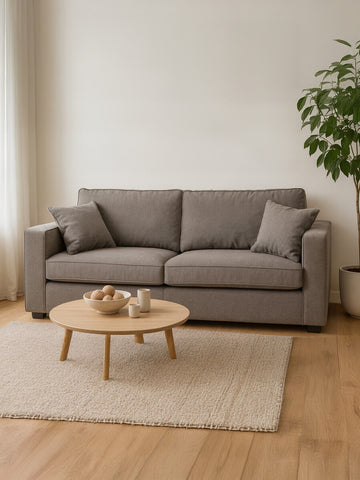 Three-seat grey fabric sofa with two matching cushions, positioned in a bright room with natural light. A round wooden coffee table sits in front of the sofa on a light-colored rug, and a potted plant is visible in the background