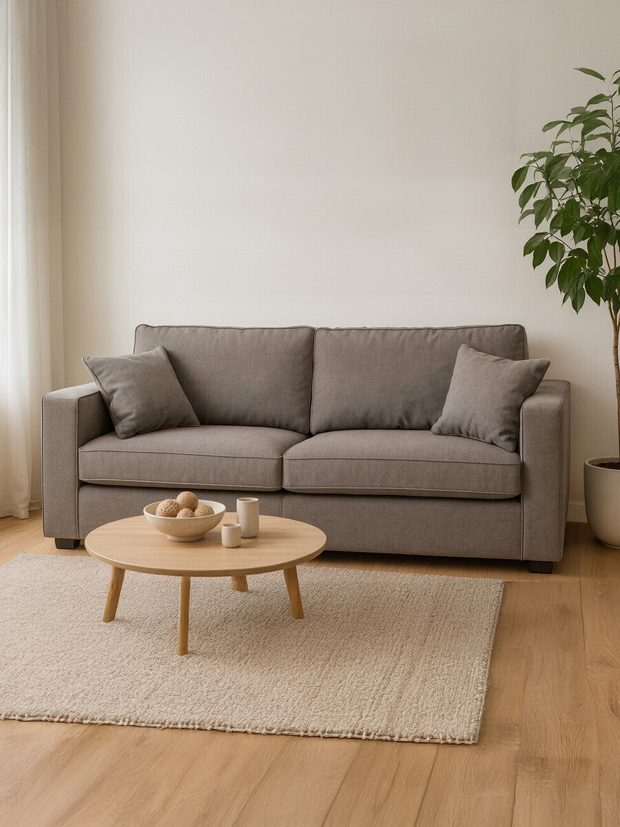 Three-seat grey fabric sofa with two matching cushions, positioned in a bright room with natural light. A round wooden coffee table sits in front of the sofa on a light-colored rug, and a potted plant is visible in the background
