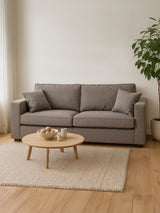Three-seat grey fabric sofa with two matching cushions, positioned in a bright room with natural light. A round wooden coffee table sits in front of the sofa on a light-colored rug, and a potted plant is visible in the background