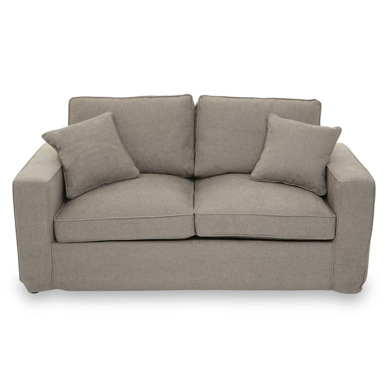 Two-seat grey sofa with a modern design, featuring plush cushions and two additional decorative pillows on the backrest. The sofa has a clean, minimalist silhouette and is upholstered in a soft fabric