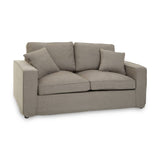 Two-seat grey sofa with a modern design, featuring plush cushions and clean lines. The sofa has a sturdy frame and is upholstered in a soft, neutral fabric, making it suitable for various interior styles
