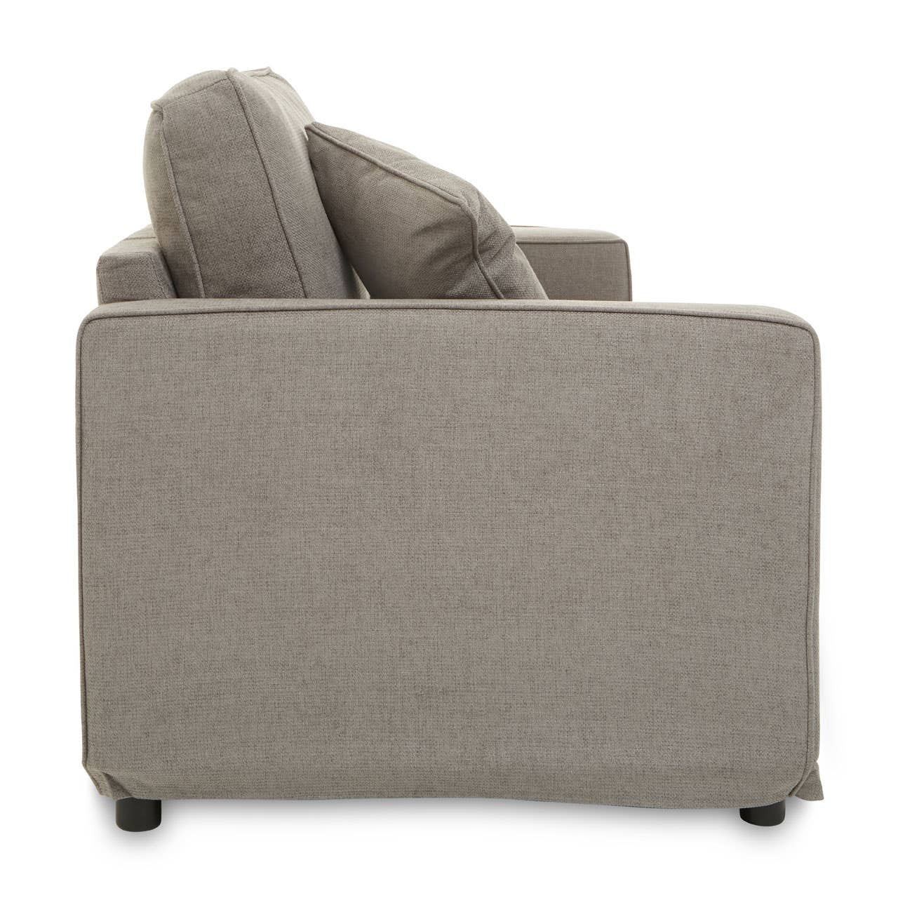 Two-seat grey sofa with a textured fabric, featuring plush back cushions and a clean, modern design. The sofa is shown from the side, highlighting its compact size and sturdy legs