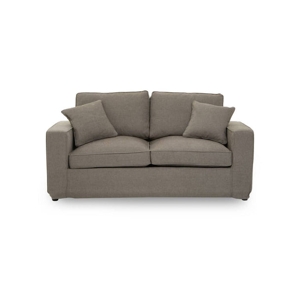 Two-seat sofa in a soft grey fabric, featuring a simple, modern design with rounded arms and two plush back cushions. The sofa is set against a plain white background, highlighting its neutral color and contemporary style
