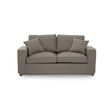 Two-seat sofa in a soft grey fabric, featuring a simple, modern design with rounded arms and two plush back cushions. The sofa is set against a plain white background, highlighting its neutral color and contemporary style