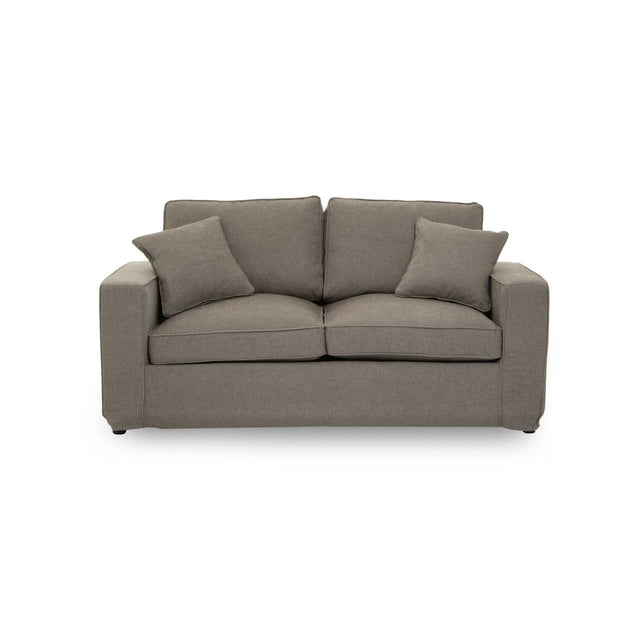 Two-seat sofa in a soft grey fabric, featuring a simple, modern design with rounded arms and two plush back cushions. The sofa is set against a plain white background, highlighting its neutral color and contemporary style
