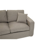 Two-seat sofa in a soft grey fabric, featuring a modern design with clean lines. The sofa has plush cushions and includes a matching square throw pillow. The armrest is slightly rounded, enhancing its contemporary look